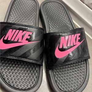 Nike Black and Pink Slide Sandals